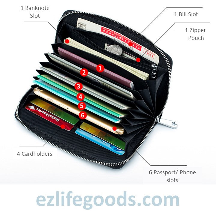 EZLIFEGOODS-RFID Genuine Leather All Around Zipper Wallet for Women, High Capacity Long Wallet Phone Purse