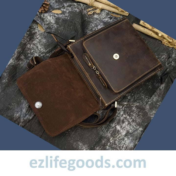 EZLIFEGOODS- Crazy Horse Leather Shoulder Bag Crossbody Messenger Bag for Men-Dark Brown