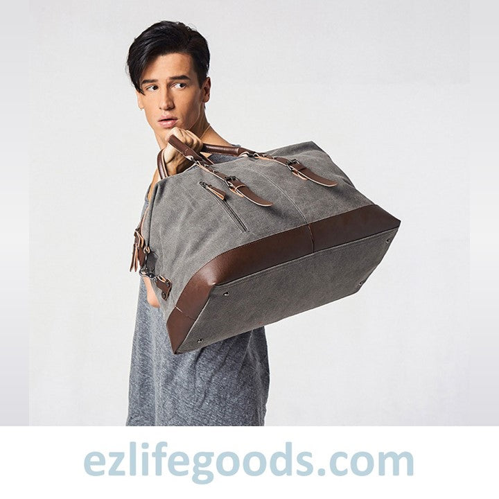 EZLIFEGOODS-Vintage Canvas & Leather Travel Duffle Bag / Large Overnight Bag 54 cm Grey