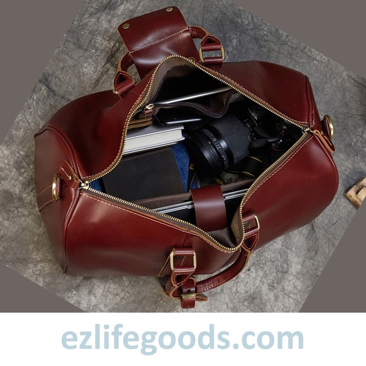 EZLIFEGOODS-Elegant Polished Genuine Leather Duffle Travel Bag 45 cm in Wine Color Tones Bright Bordeaux