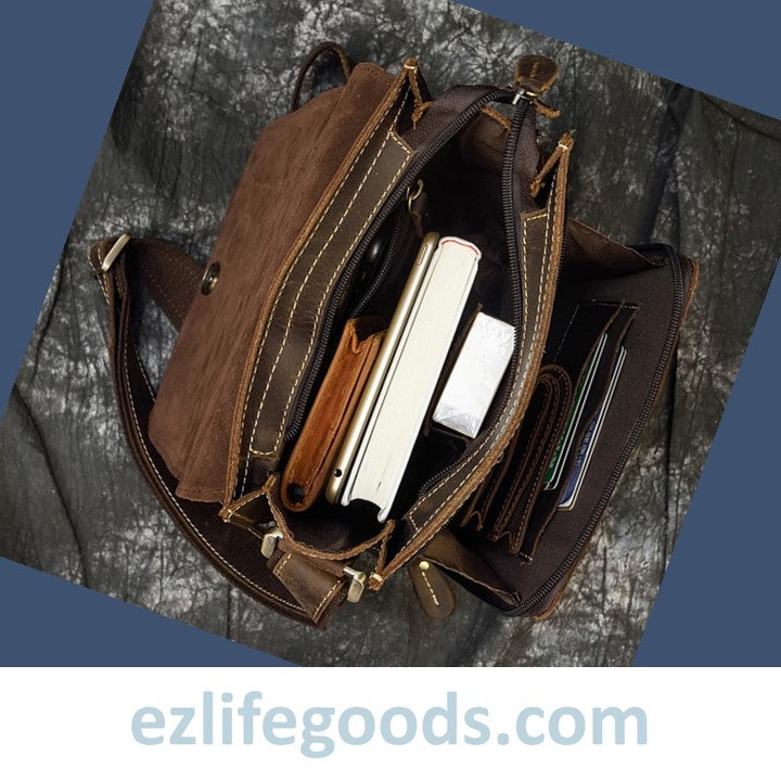 EZLIFEGOODS- Crazy Horse Leather Shoulder Bag Crossbody Messenger Bag for Men-Dark Brown