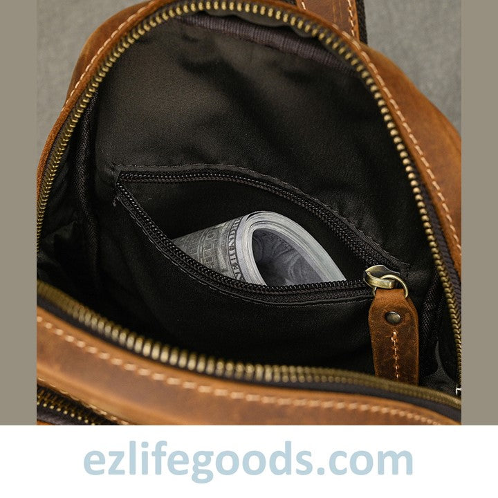 EZLIFEGOODS-Unisex Cowhide Chest Sling Bag, Casual Crossbody Messenger Bag Light Brown