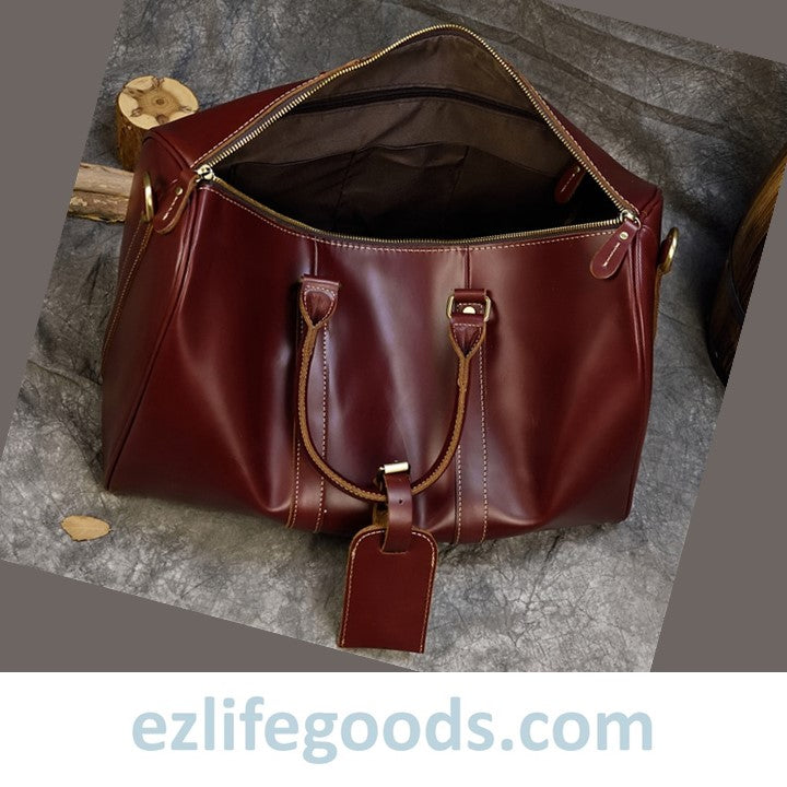 EZLIFEGOODS-Elegant Polished Genuine Leather Duffle Travel Bag 45 cm in Wine Color Tones Bright Bordeaux