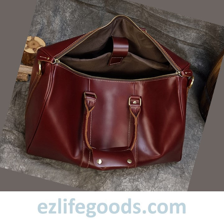 EZLIFEGOODS-Elegant Polished Genuine Leather Duffle Travel Bag 45 cm in Wine Color Tones Bright Bordeaux