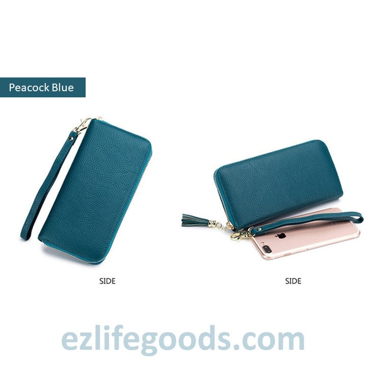 EZLIFEGOODS - Stylish Tassel Genuine Leather Long Zipper Clutch RFID Wallet for Women Peacock Blue