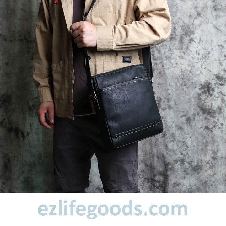 EZLIFEGOODS-Casual Large-Capacity Soft Genuine Leather Vertical Messenger Bag Black