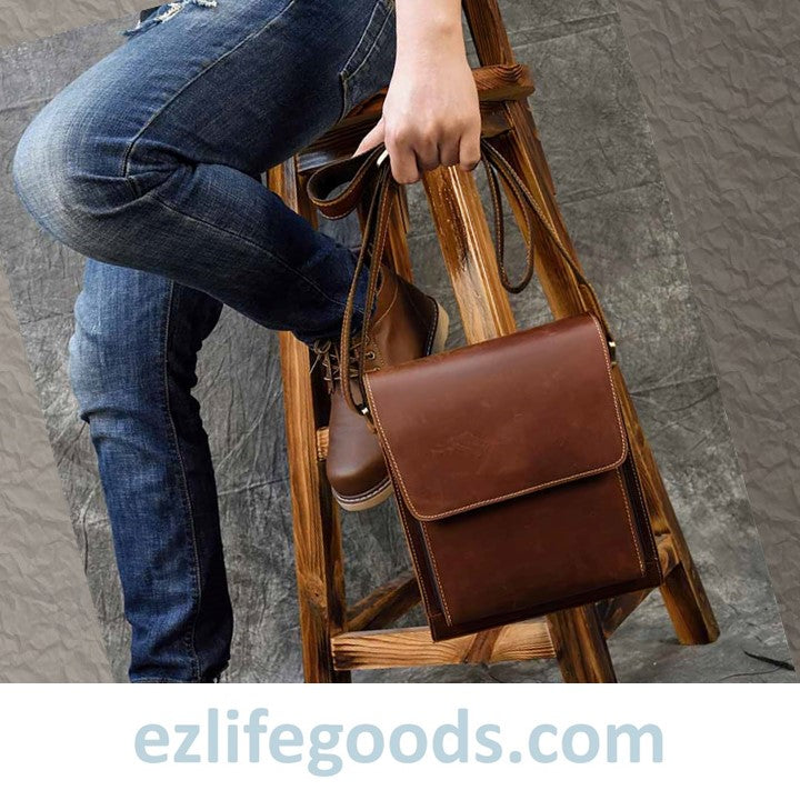 EZLIFEGOODS - Crazy Horse Leather Shoulder Bag Crossbody Messenger Bag for Men-Brown