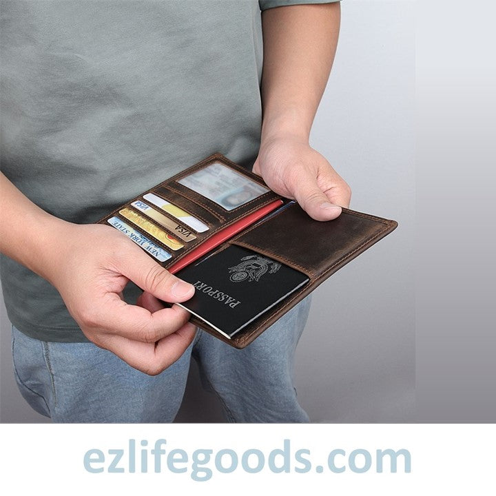 EZLIFEGOODS-Passport Wallet, Crazy Horse Leather Travel Wallet for Men with Cardholders-Leather Passport Pocket