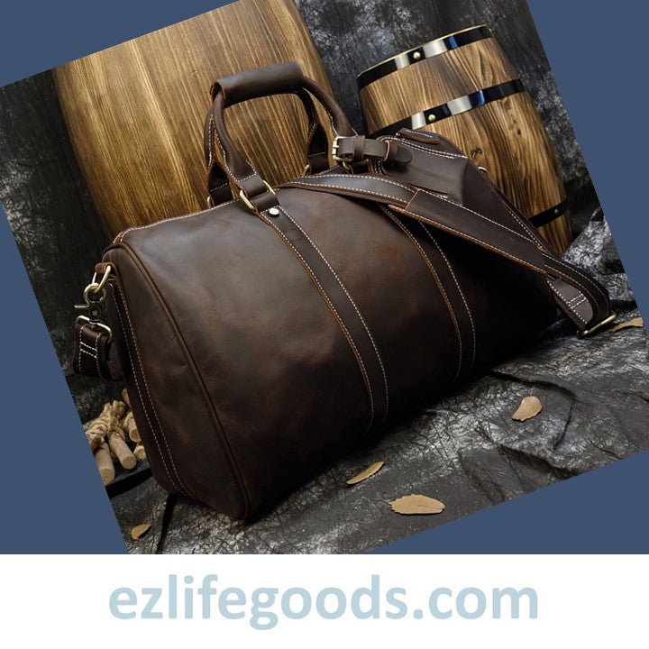 EZLIFEGOODS-Stylish Crazy Horse Leather Travel Duffle Bag 45 cm Dark Brown