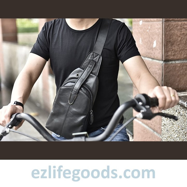 EZLIFEGOODS-Genuine Leather Black Crossbody Sling Bag for Men