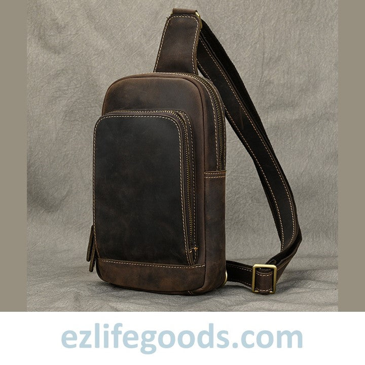 EZLIFEGOODS-Unisex Cowhide Chest Sling Bag, Casual Crossbody Messenger Bag Dark Brown