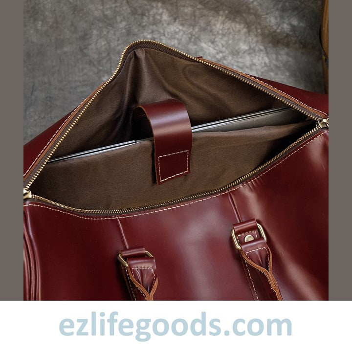 EZLIFEGOODS-Elegant Polished Genuine Leather Duffle Travel Bag 45 cm in Wine Color Tones Bright Bordeaux