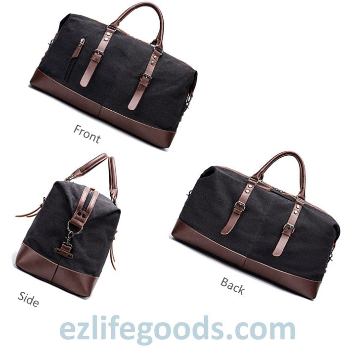 EZLIFEGOODS-Vintage Canvas & Leather Travel Duffle Bag / Large Overnight Bag 54 cm Black