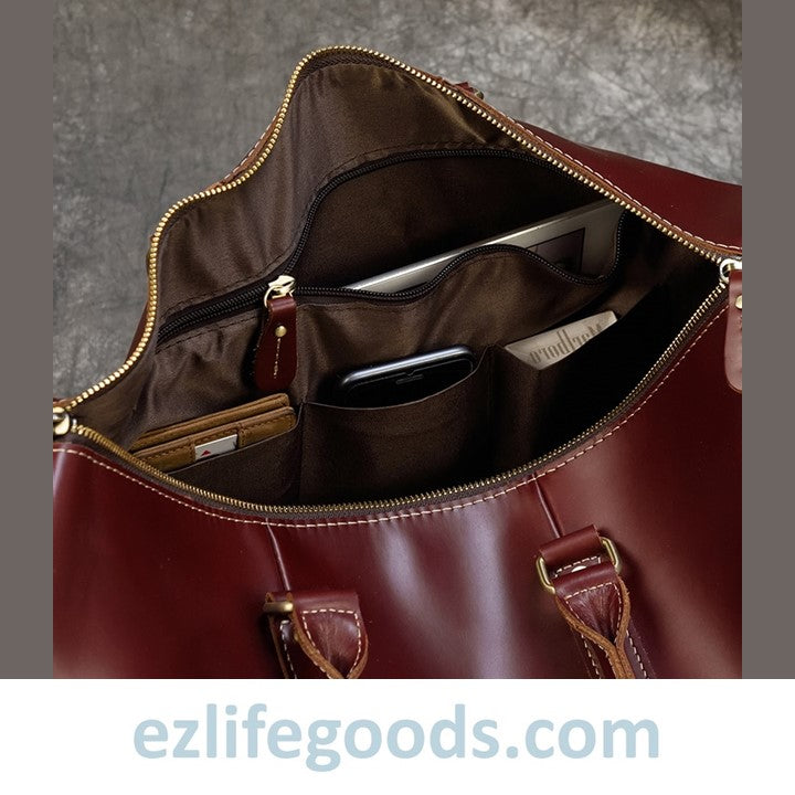 EZLIFEGOODS-Elegant Polished Genuine Leather Duffle Travel Bag 45 cm in Wine Color Tones Bright Bordeaux