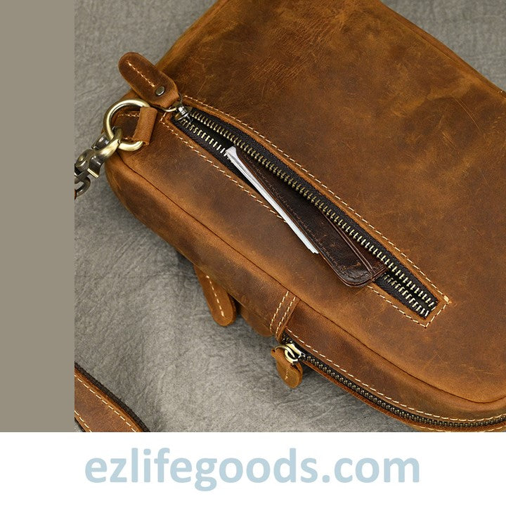 EZLIFEGOODS-Unisex Cowhide Chest Sling Bag, Casual Crossbody Messenger Bag  Light Brown