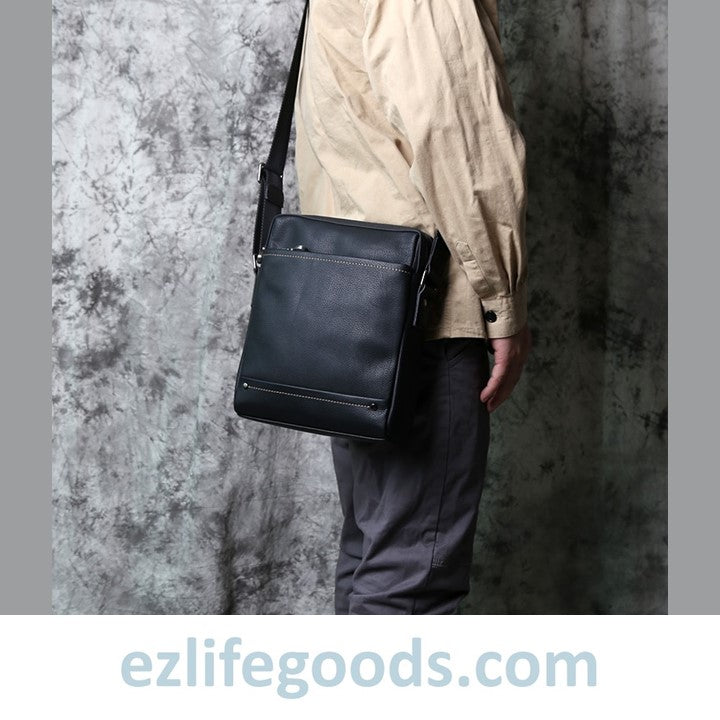 EZLIFEGOODS-Casual Large-Capacity Soft Genuine Leather Vertical Messenger Bag Black