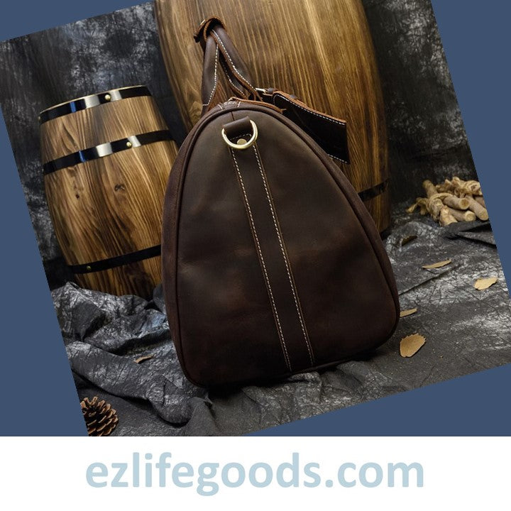 EZLIFEGOODS-Stylish Crazy Horse Leather Travel Duffle Bag 45 cm Dark Brown