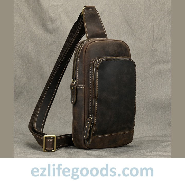 EZLIFEGOODS-Unisex Cowhide Chest Sling Bag, Casual Crossbody Messenger Bag Dark Brown