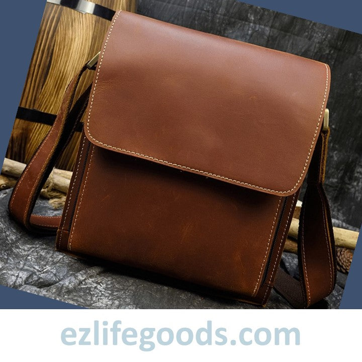 EZLIFEGOODS - Crazy Horse Leather Shoulder Bag Crossbody Messenger Bag for Men-Brown