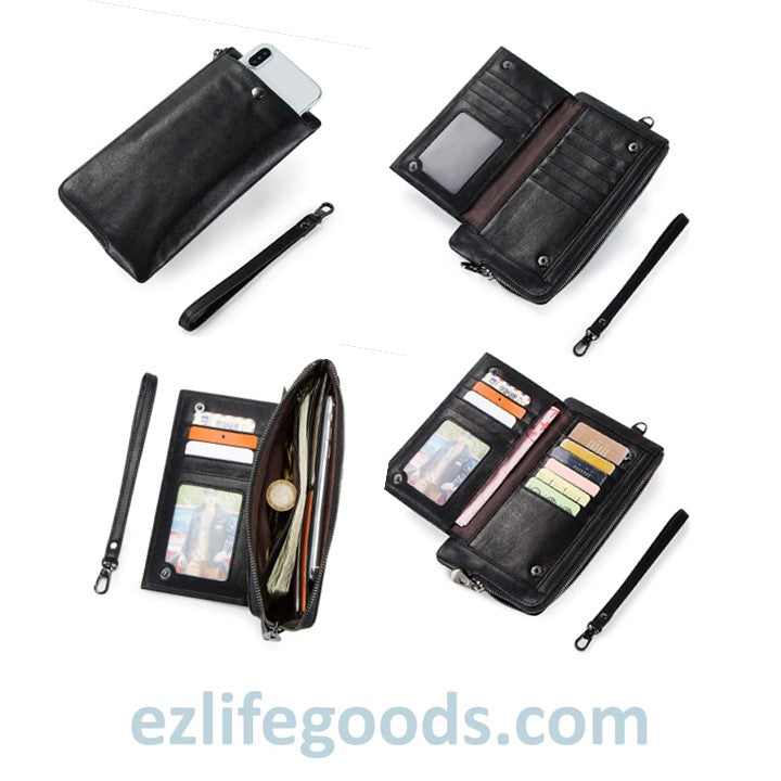 EZLIFEGOODS-Elegant Genuine Leather Wallet With Phone Pocket Blue