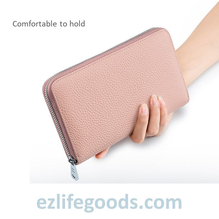 EZLIFEGOODS-RFID Genuine Leather All Around Zipper Wallet for Women, High Capacity Long Wallet Phone Purse Pastel Pink