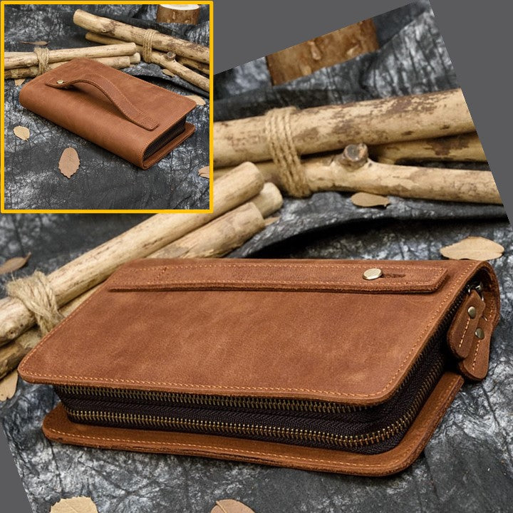 EZ Life Goods-Genuine Leather Double Zipper Clutch Wallet for Men Light Brown