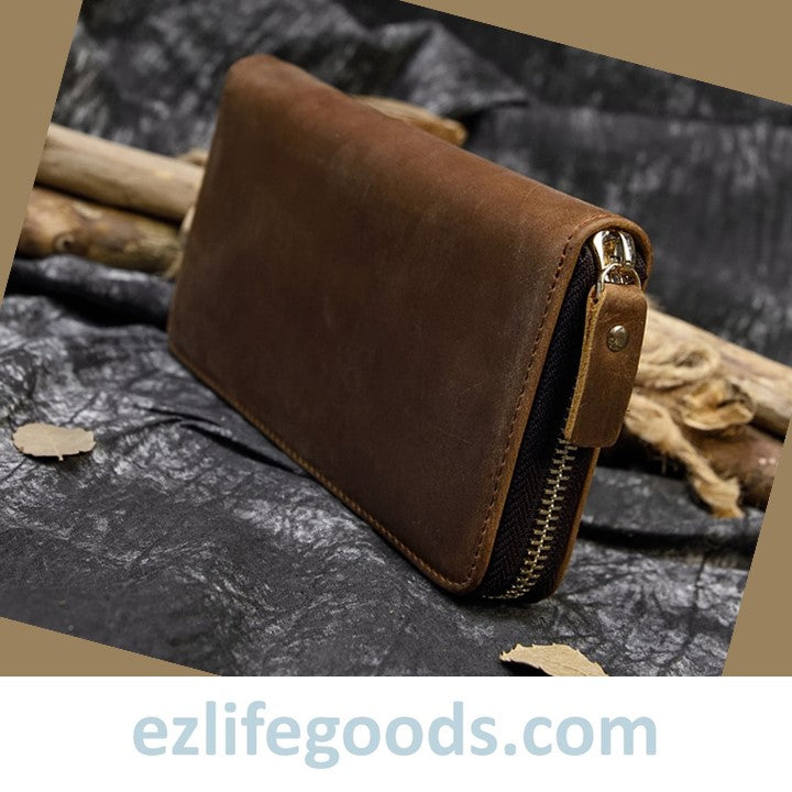 EZLIFEGOODS - Unisex Vintage Genuine Leather Crazy Horse Long Zipper Wallet Brown