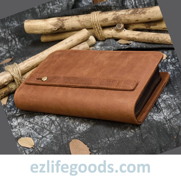 EZ Life Goods-Genuine Leather Double Zipper Clutch Wallet for Men Light Brown