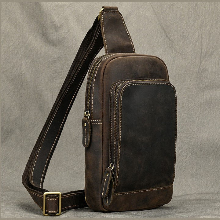 EZLIFEGOODS-Unisex Cowhide Chest Sling Bag, Casual Crossbody Messenger Bag Dark Brown