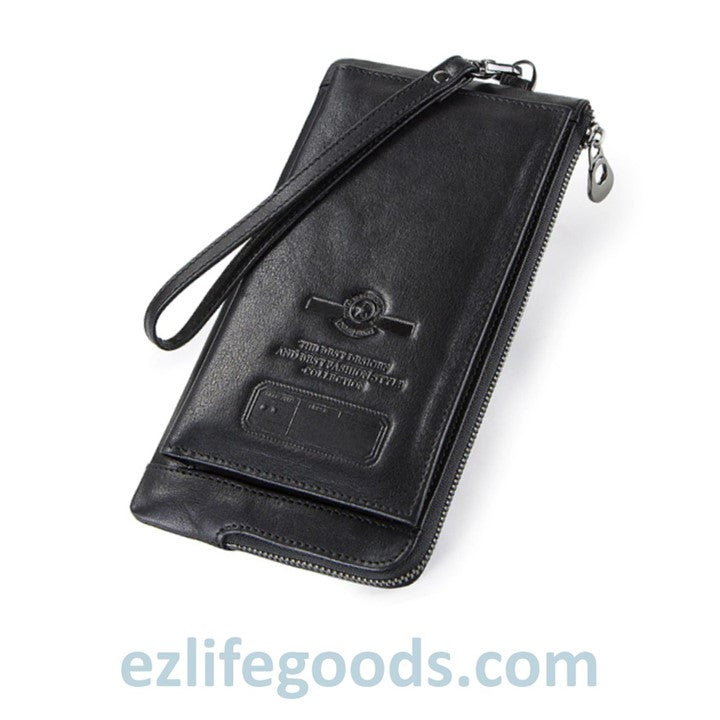 EZLIFEGOODS-Elegant Genuine Leather Wallet With Phone Pocket Black