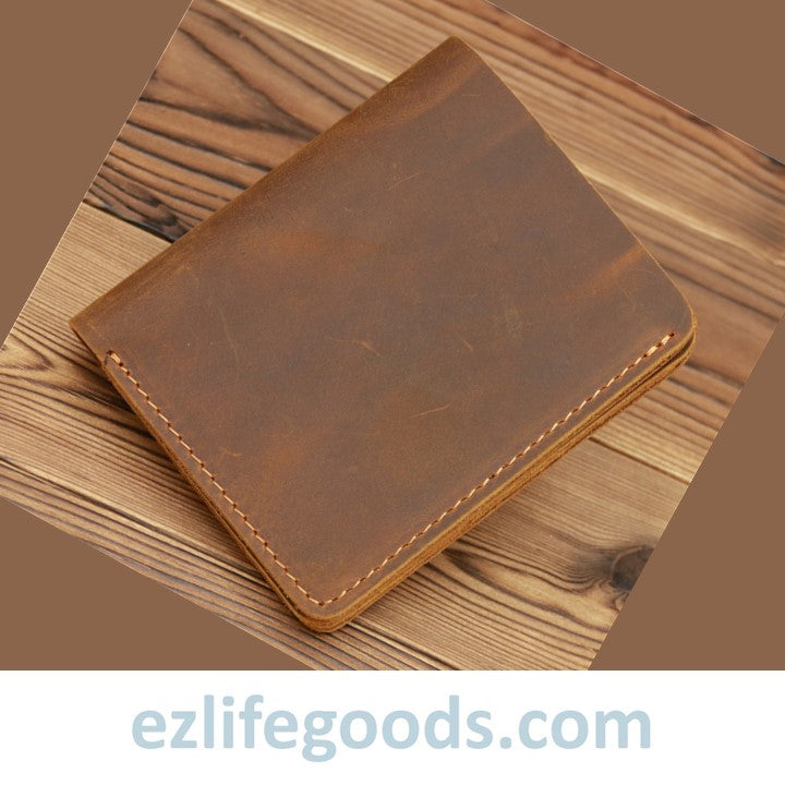 EZLIFEGOODS-Vintage Crazy Horse Leather Card Holder Small Wallet for Men Brown