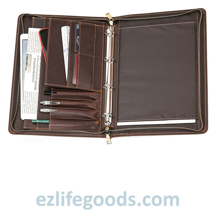 EZ Life Goods-Unisex A4 Genuine Leather Portfolio Binder, Leather Business Portfolio | The Best Zippered Padfolio Brown