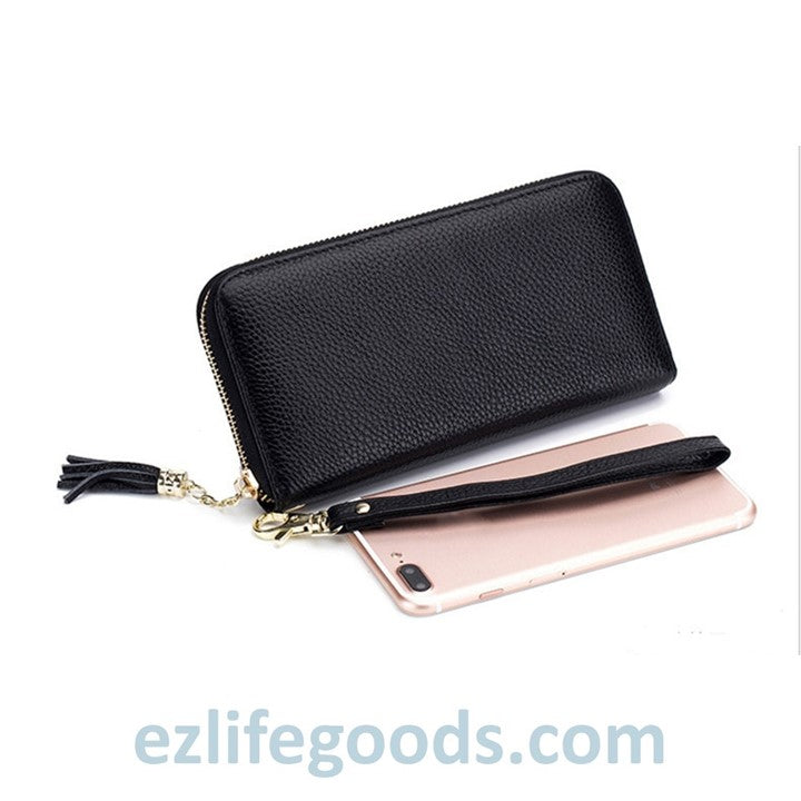 EZLIFEGOODS - Stylish Tassel Genuine Leather Long Zipper Clutch RFID Wallet for Women Black