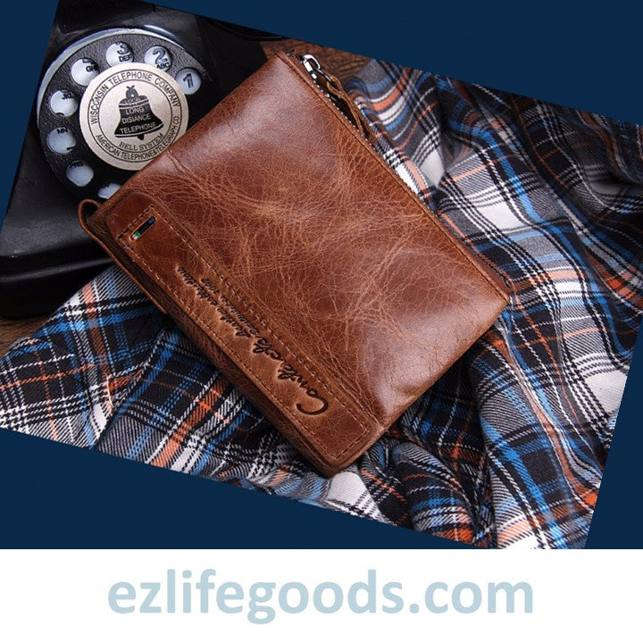 EZLIFEGOODS-Genuine Cowhide Leather Wallet For Men Brown