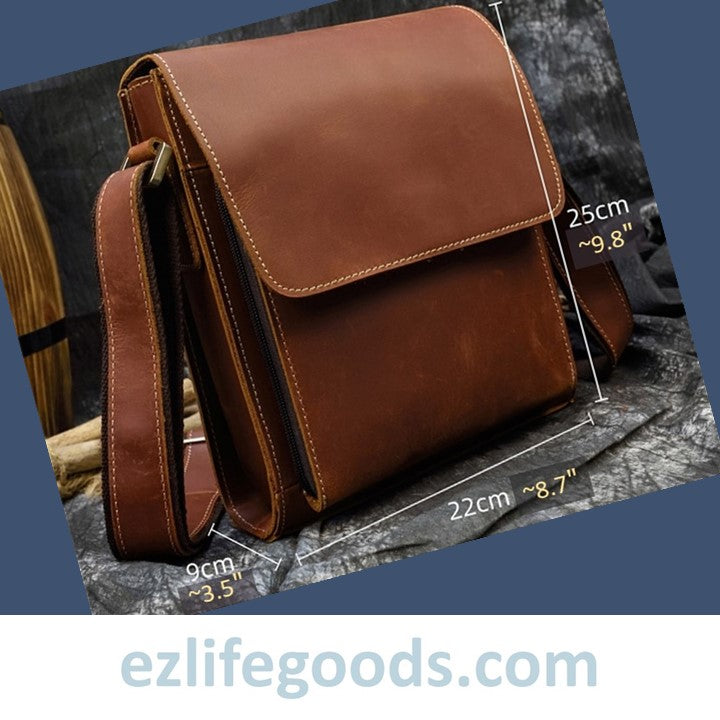 EZLIFEGOODS- Crazy Horse Leather Shoulder Bag Crossbody Messenger Bag for Men-Brown