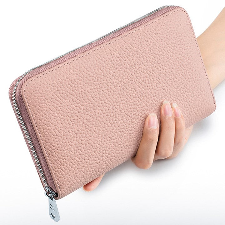 EZLIFEGOODS-RFID Genuine Leather All Around Zipper Wallet for Women, High Capacity Long Wallet Phone Purse Pastel Pink