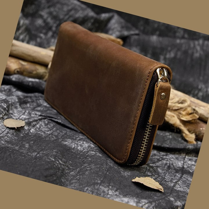 EZLIFEGOODS - Unisex Vintage Genuine Leather Crazy Horse Long Zipper Wallet Brown