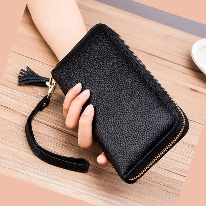 EZLIFEGOODS - Stylish Tassel Genuine Leather Long Zipper Clutch RFID Wallet for Women Black