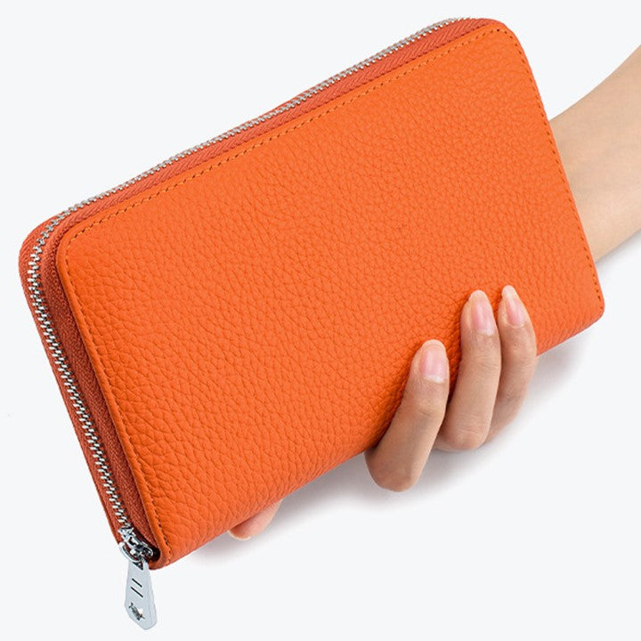 EZLIFEGOODS-RFID Genuine Leather All Around Zipper Wallet for Women, High Capacity Long Wallet Phone Purse Orange