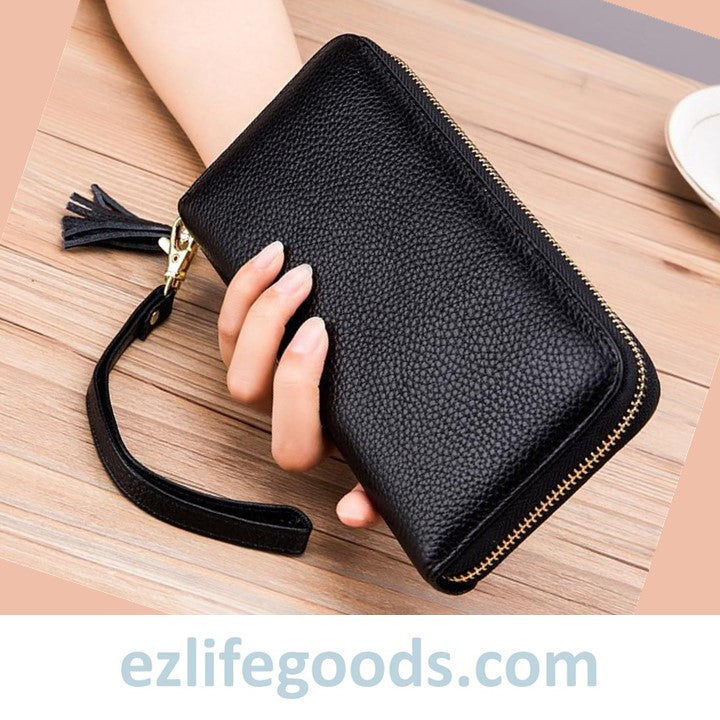 EZLIFEGOODS - Stylish Tassel Genuine Leather Long Zipper Clutch RFID Wallet for Women Black