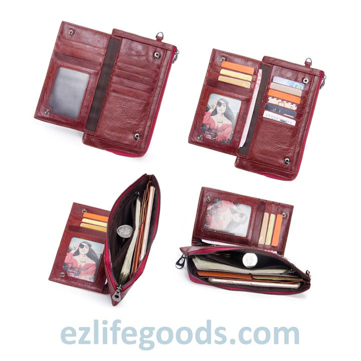 EZLIFEGOODS-Elegant Genuine Leather Wallet With Phone Pocket-Red