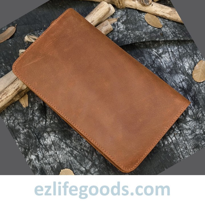 EZ Life Goods-Genuine Leather Double Zipper Clutch Wallet for Men Light Brown