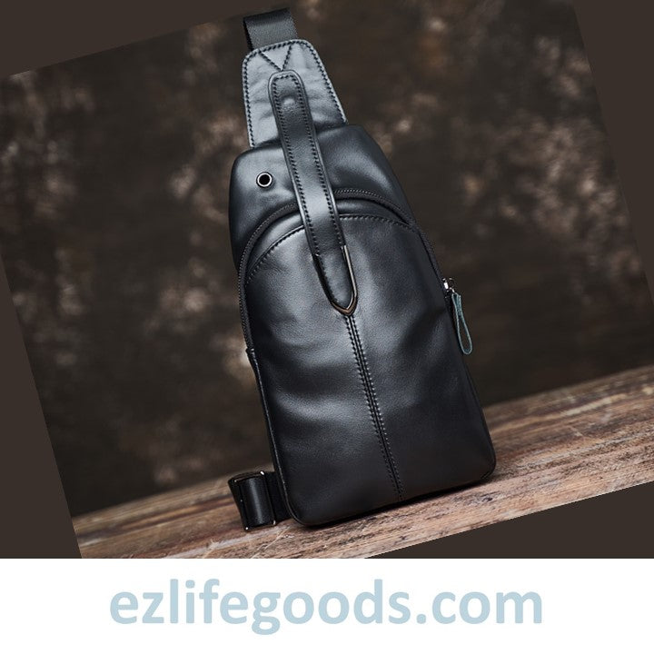 EZLIFEGOODS-Genuine Leather Black Crossbody Sling Bag for Men