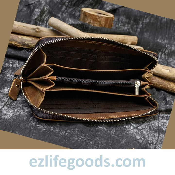 EZLIFEGOODS - Unisex Vintage Genuine Leather Crazy Horse Long Zipper Wallet Brown