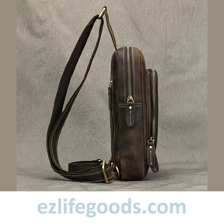 EZLIFEGOODS-Unisex Cowhide Chest Sling Bag, Casual Crossbody Messenger Bag Dark Brown