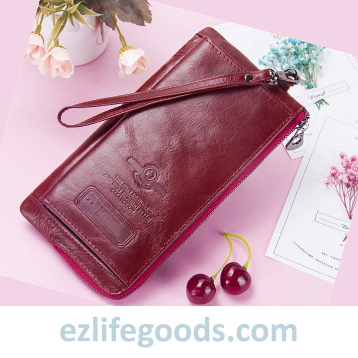 EZLIFEGOODS-Stylish Genuine Leather Wallet With Phone Pocket Red