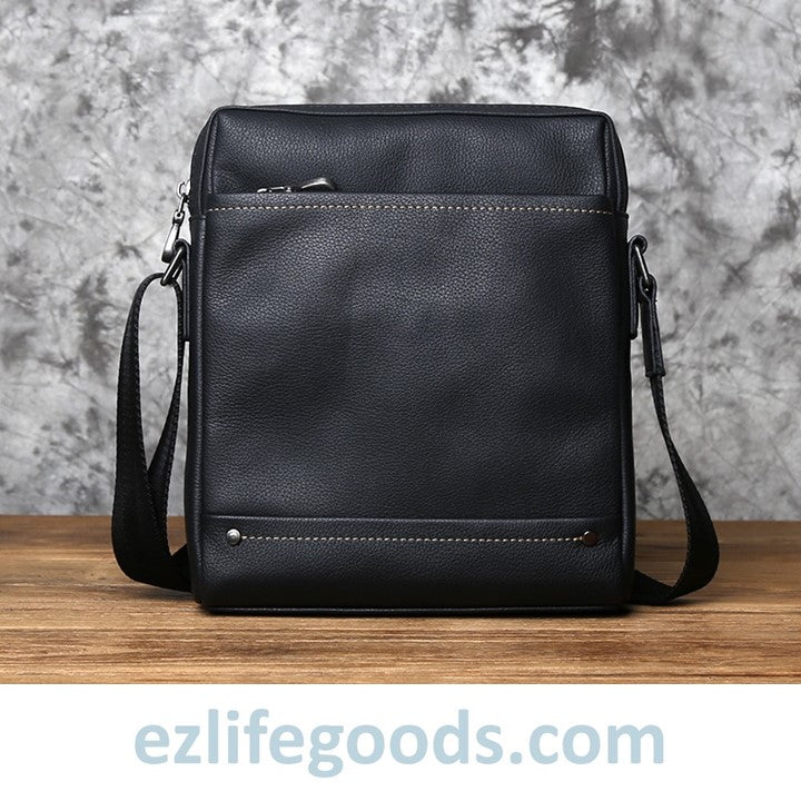 EZLIFEGOODS-Casual Large-Capacity Soft Genuine Leather Vertical Messenger Bag Black