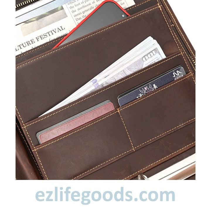 EZ Life Goods-Unisex A4 Genuine Leather Portfolio Binder, Leather Business Portfolio | The Best Zippered Padfolio Brown