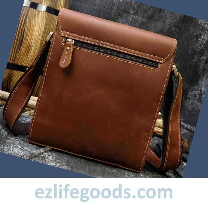 EZLIFEGOODS- Crazy Horse Leather Shoulder Bag Crossbody Messenger Bag for Men-Brown