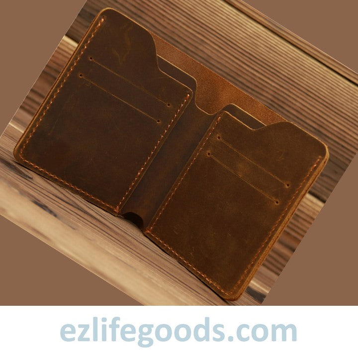 EZLIFEGOODS-Vintage Crazy Horse Leather Card Holder Small Wallet for Men Brown